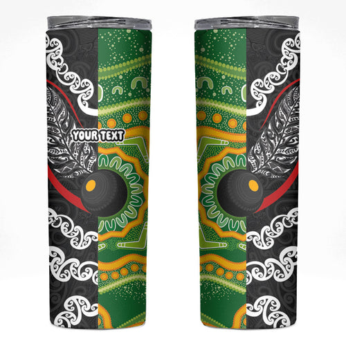 Personalised Aotearoa and Australia Lawn Bowls Skinny Tumbler Maori Fern and Aboriginal Pattern