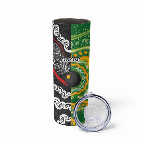 Personalised Aotearoa and Australia Lawn Bowls Skinny Tumbler Maori Fern and Aboriginal Pattern