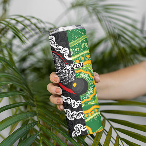 Personalised Aotearoa and Australia Lawn Bowls Skinny Tumbler Maori Fern and Aboriginal Pattern