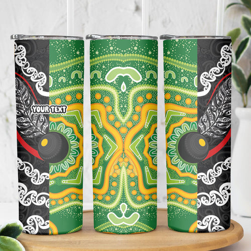 Personalised Aotearoa and Australia Lawn Bowls Skinny Tumbler Maori Fern and Aboriginal Pattern