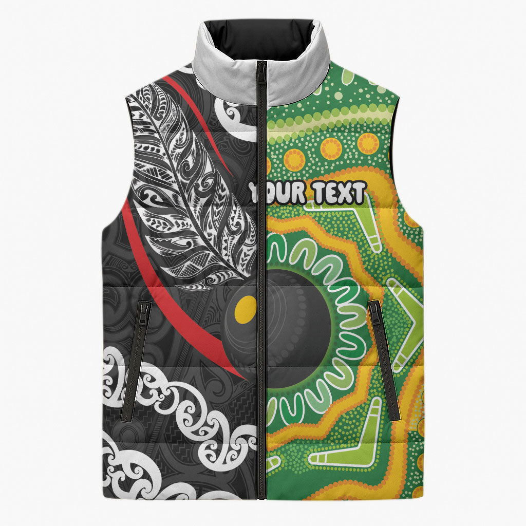 Personalised Aotearoa and Australia Lawn Bowls Sleeveless Puffer Jacket Maori Fern and Aboriginal Pattern