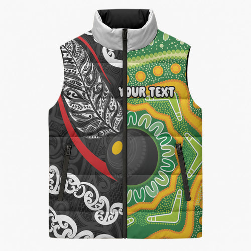 Personalised Aotearoa and Australia Lawn Bowls Sleeveless Puffer Jacket Maori Fern and Aboriginal Pattern