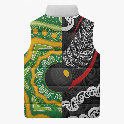 Personalised Aotearoa and Australia Lawn Bowls Sleeveless Puffer Jacket Maori Fern and Aboriginal Pattern