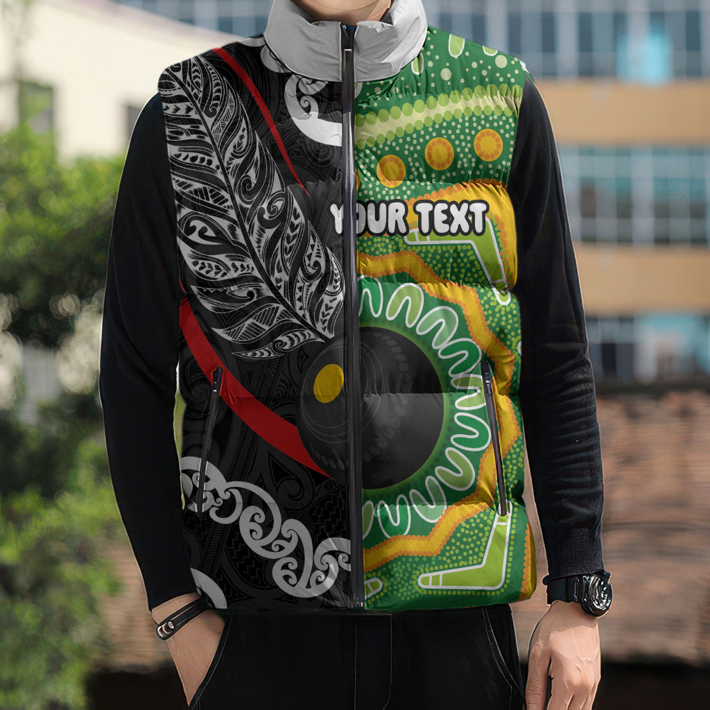 Personalised Aotearoa and Australia Lawn Bowls Sleeveless Puffer Jacket Maori Fern and Aboriginal Pattern