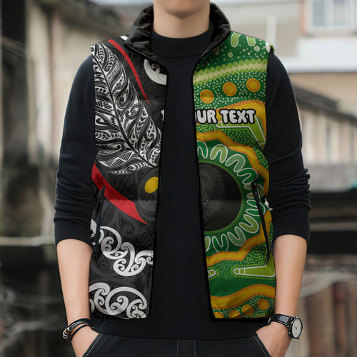 Personalised Aotearoa and Australia Lawn Bowls Sleeveless Puffer Jacket Maori Fern and Aboriginal Pattern