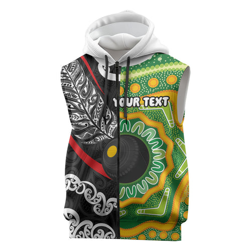 Personalised Aotearoa and Australia Lawn Bowls Sleeveless Zip Hoodie Maori Fern and Aboriginal Pattern