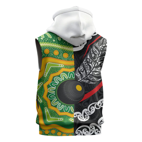Personalised Aotearoa and Australia Lawn Bowls Sleeveless Zip Hoodie Maori Fern and Aboriginal Pattern