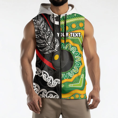 Personalised Aotearoa and Australia Lawn Bowls Sleeveless Zip Hoodie Maori Fern and Aboriginal Pattern