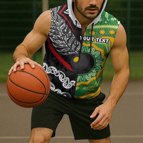 Personalised Aotearoa and Australia Lawn Bowls Sleeveless Zip Hoodie Maori Fern and Aboriginal Pattern