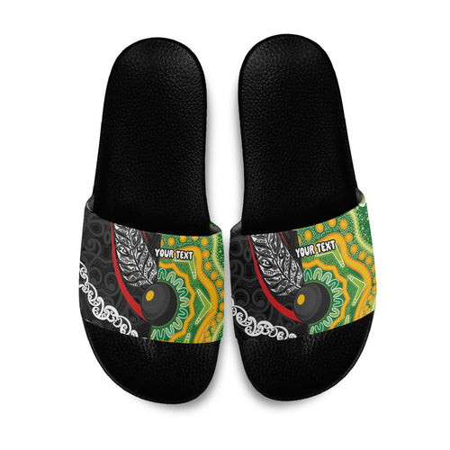 Personalised Aotearoa and Australia Lawn Bowls Slide Sandals Maori Fern and Aboriginal Pattern