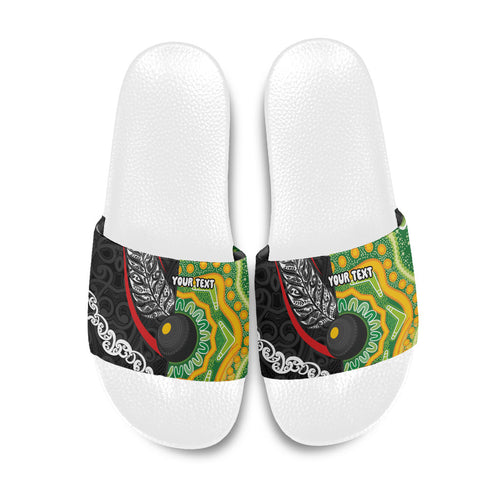 Personalised Aotearoa and Australia Lawn Bowls Slide Sandals Maori Fern and Aboriginal Pattern