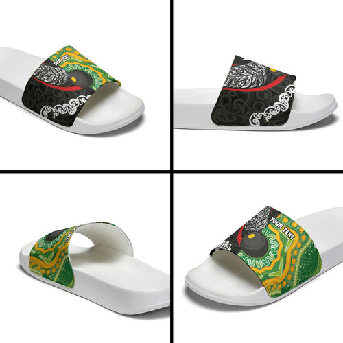Personalised Aotearoa and Australia Lawn Bowls Slide Sandals Maori Fern and Aboriginal Pattern
