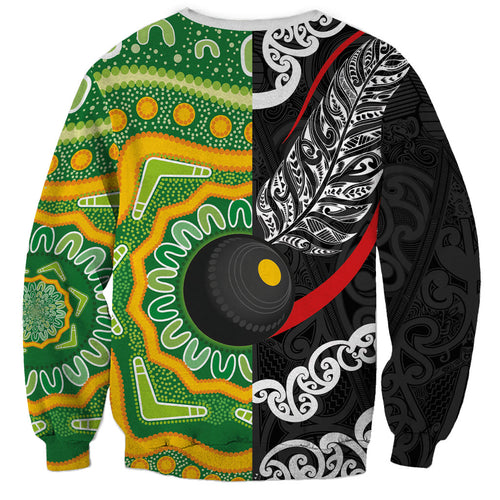 Personalised Aotearoa and Australia Lawn Bowls Sweatshirt Maori Fern and Aboriginal Pattern