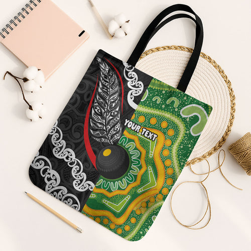 Personalised Aotearoa and Australia Lawn Bowls Tote Bag Maori Fern and Aboriginal Pattern