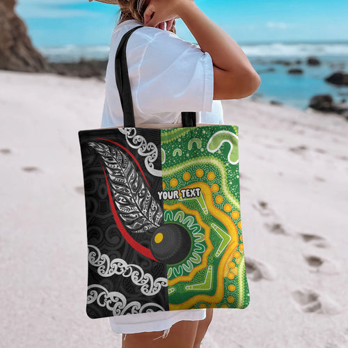 Personalised Aotearoa and Australia Lawn Bowls Tote Bag Maori Fern and Aboriginal Pattern