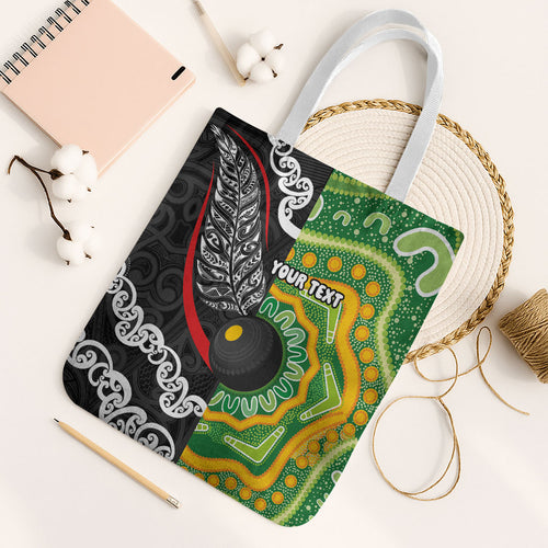 Personalised Aotearoa and Australia Lawn Bowls Tote Bag Maori Fern and Aboriginal Pattern