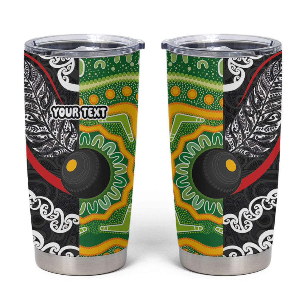 Personalised Aotearoa and Australia Lawn Bowls Tumbler Cup Maori Fern and Aboriginal Pattern