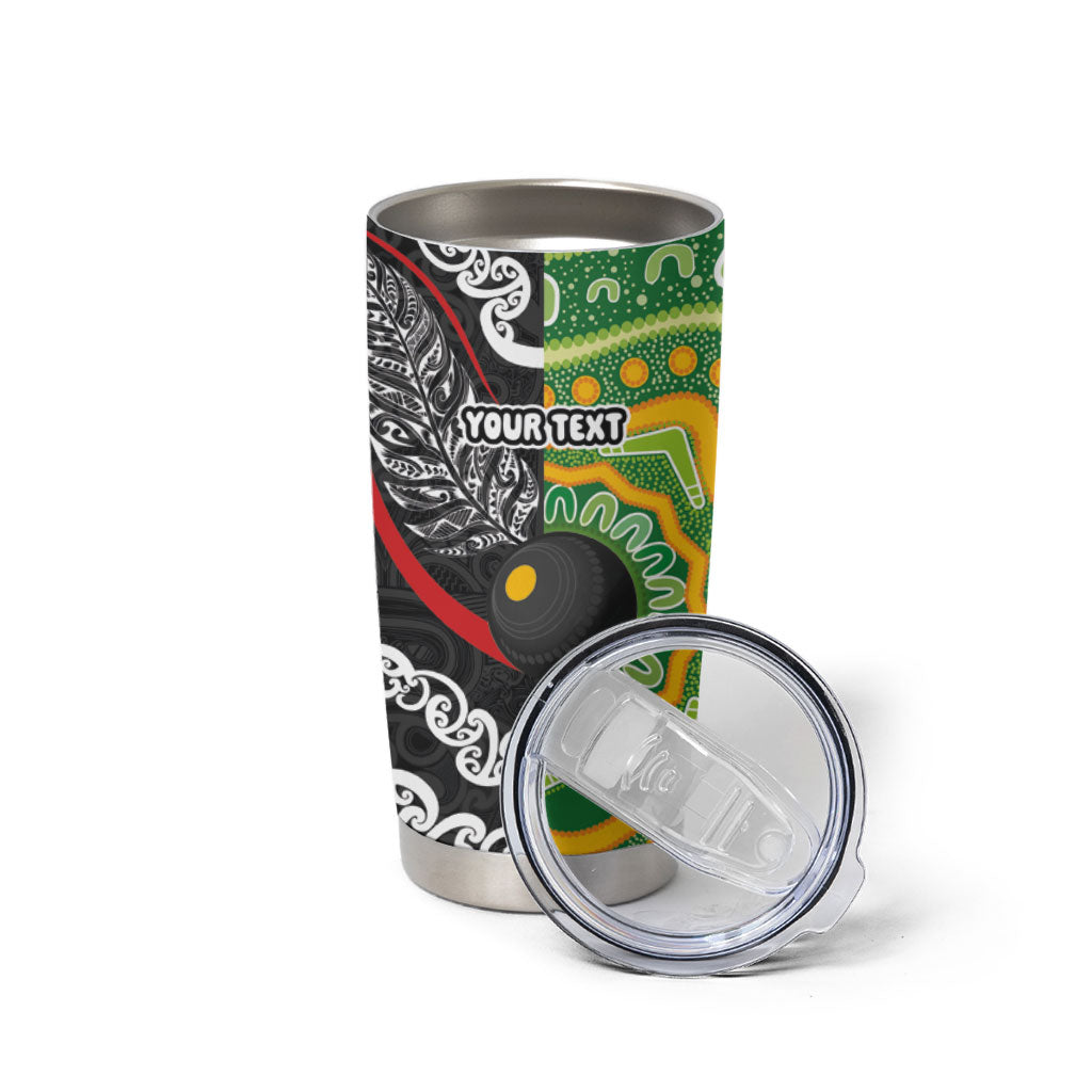 Personalised Aotearoa and Australia Lawn Bowls Tumbler Cup Maori Fern and Aboriginal Pattern