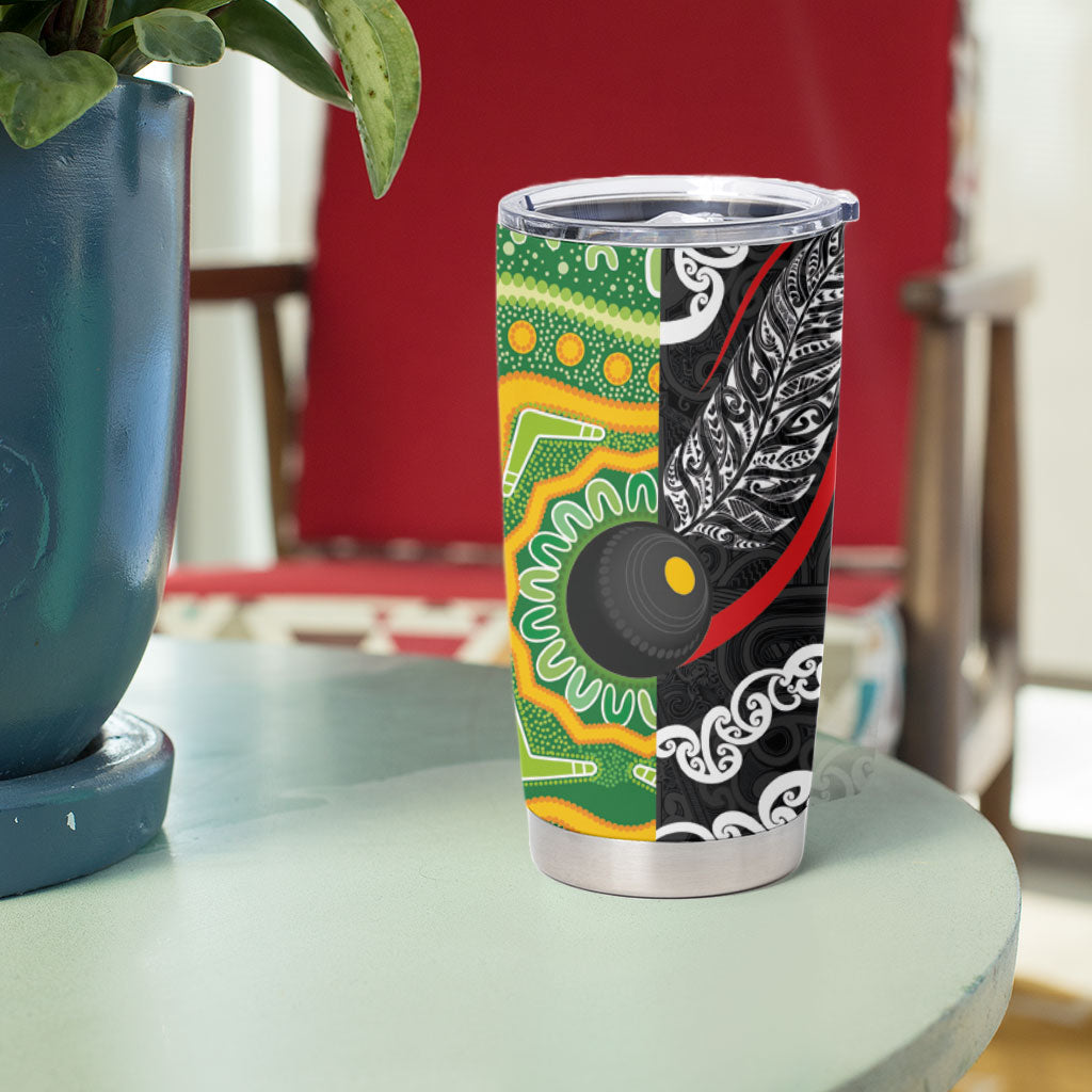 Personalised Aotearoa and Australia Lawn Bowls Tumbler Cup Maori Fern and Aboriginal Pattern