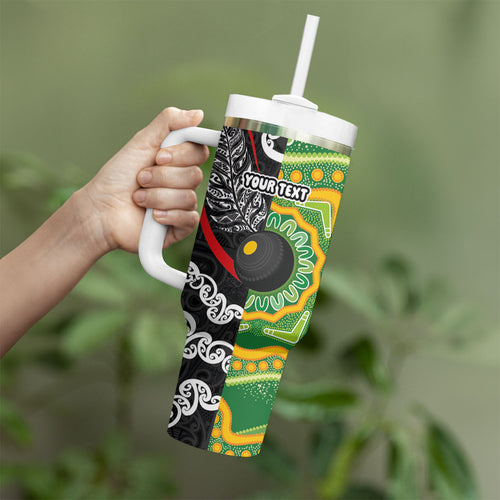 Personalised Aotearoa and Australia Lawn Bowls Tumbler With Handle Maori Fern and Aboriginal Pattern