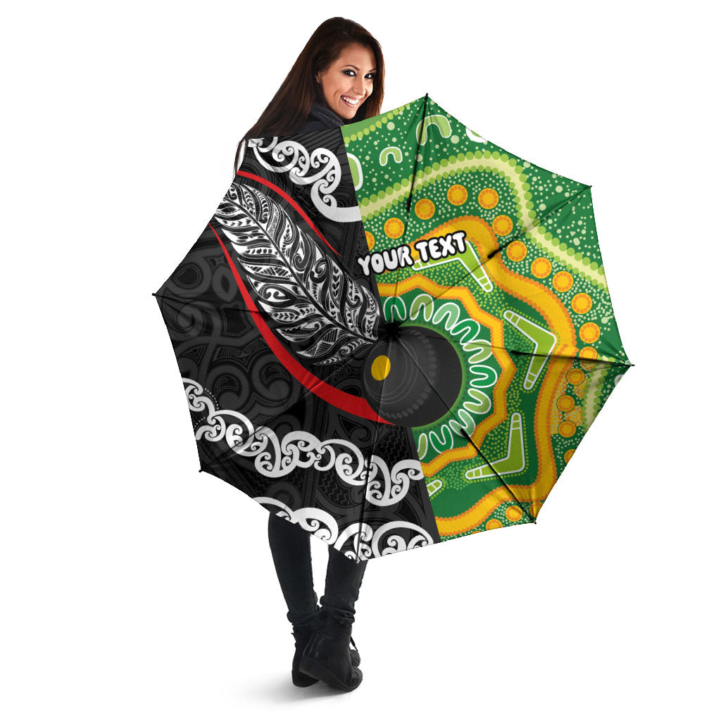 Personalised Aotearoa and Australia Lawn Bowls Umbrella Maori Fern and Aboriginal Pattern