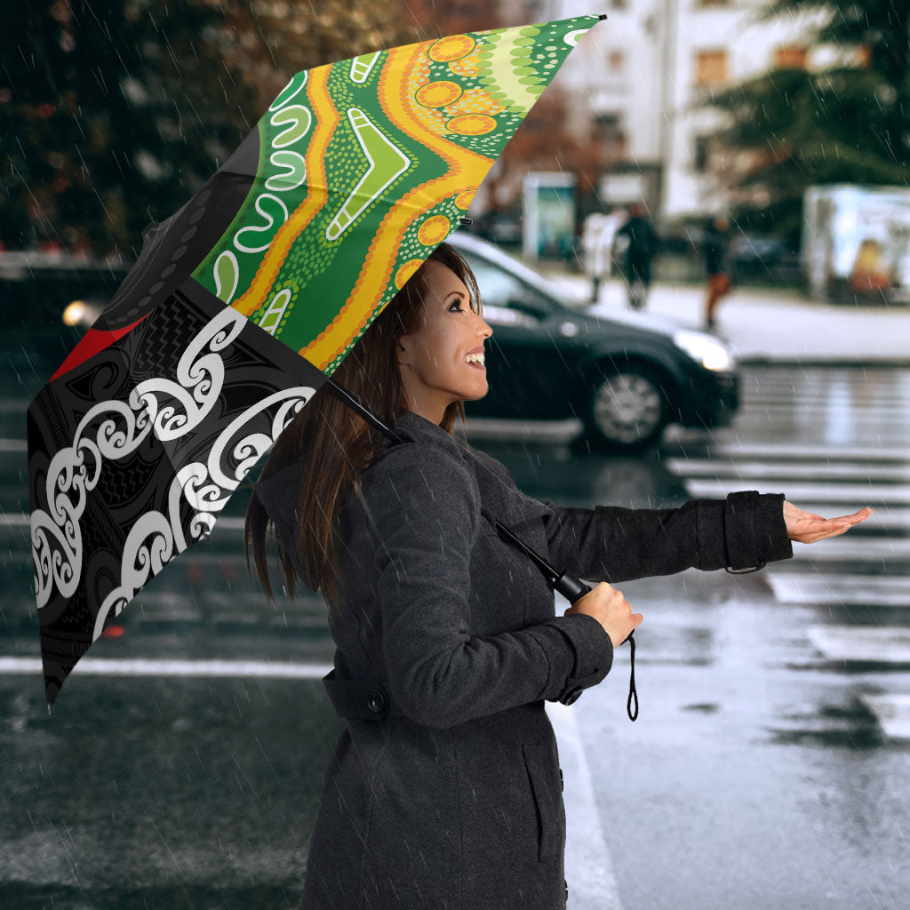 Personalised Aotearoa and Australia Lawn Bowls Umbrella Maori Fern and Aboriginal Pattern