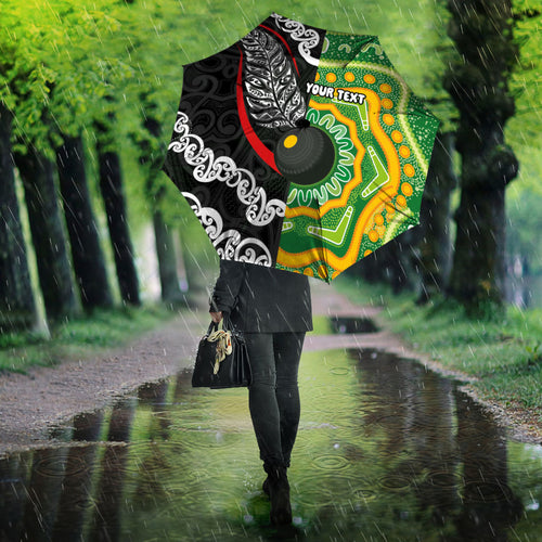 Personalised Aotearoa and Australia Lawn Bowls Umbrella Maori Fern and Aboriginal Pattern