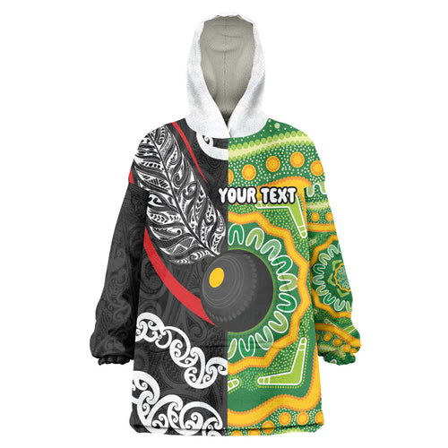 Personalised Aotearoa and Australia Lawn Bowls Wearable Blanket Hoodie Maori Fern and Aboriginal Pattern
