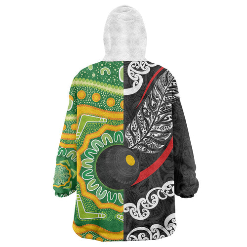 Personalised Aotearoa and Australia Lawn Bowls Wearable Blanket Hoodie Maori Fern and Aboriginal Pattern
