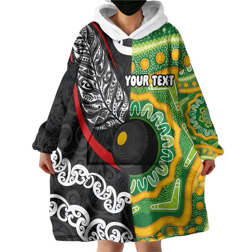Personalised Aotearoa and Australia Lawn Bowls Wearable Blanket Hoodie Maori Fern and Aboriginal Pattern