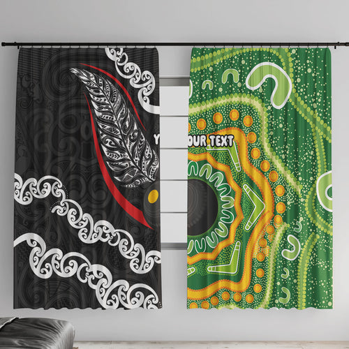 Personalised Aotearoa and Australia Lawn Bowls Window Curtain Maori Fern and Aboriginal Pattern
