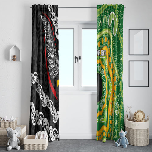 Personalised Aotearoa and Australia Lawn Bowls Window Curtain Maori Fern and Aboriginal Pattern