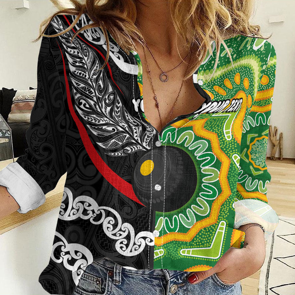 Personalised Aotearoa and Australia Lawn Bowls Women Casual Shirt Maori Fern and Aboriginal Pattern