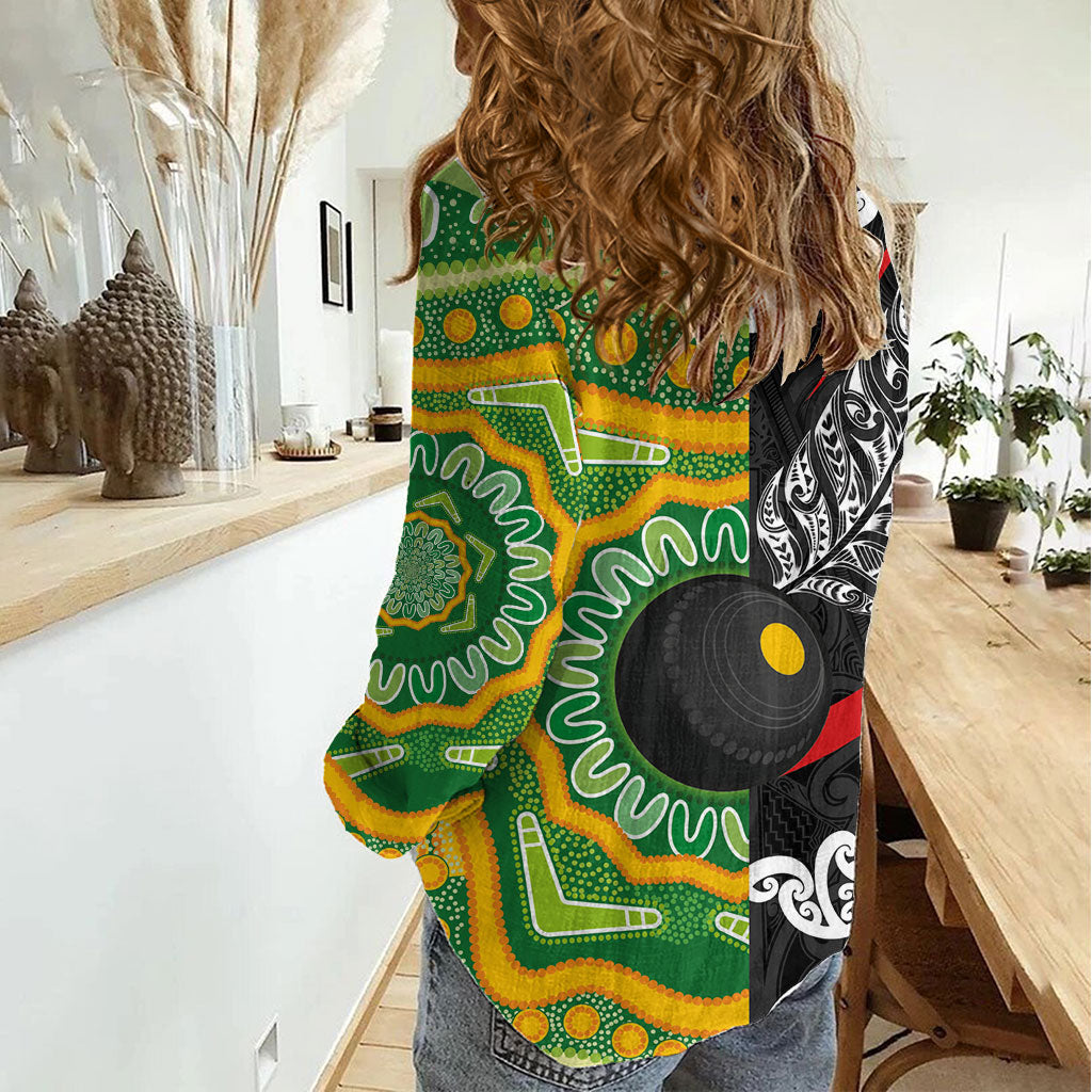 Personalised Aotearoa and Australia Lawn Bowls Women Casual Shirt Maori Fern and Aboriginal Pattern