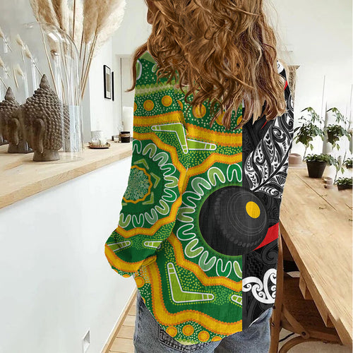 Personalised Aotearoa and Australia Lawn Bowls Women Casual Shirt Maori Fern and Aboriginal Pattern