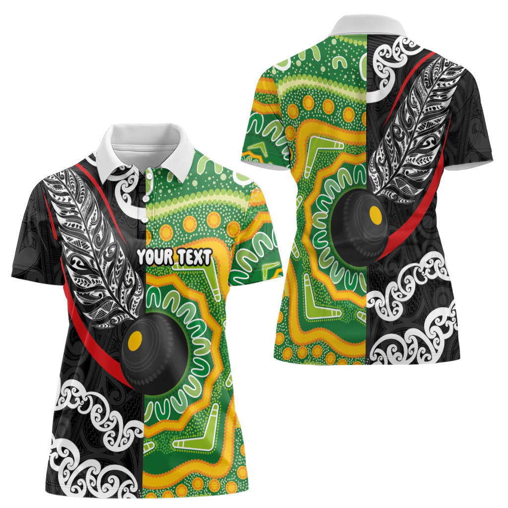 Personalised Aotearoa and Australia Lawn Bowls Women Polo Shirt Maori Fern and Aboriginal Pattern