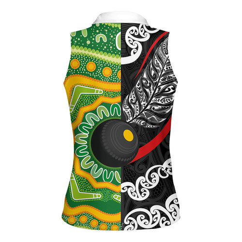 Personalised Aotearoa and Australia Lawn Bowls Women Sleeveless Polo Shirt Maori Fern and Aboriginal Pattern