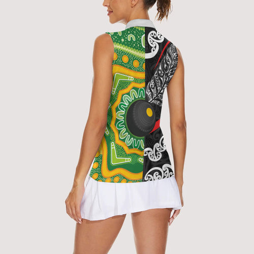 Personalised Aotearoa and Australia Lawn Bowls Women Sleeveless Polo Shirt Maori Fern and Aboriginal Pattern