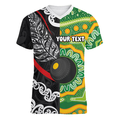 Personalised Aotearoa and Australia Lawn Bowls Women V-Neck T-Shirt Maori Fern and Aboriginal Pattern