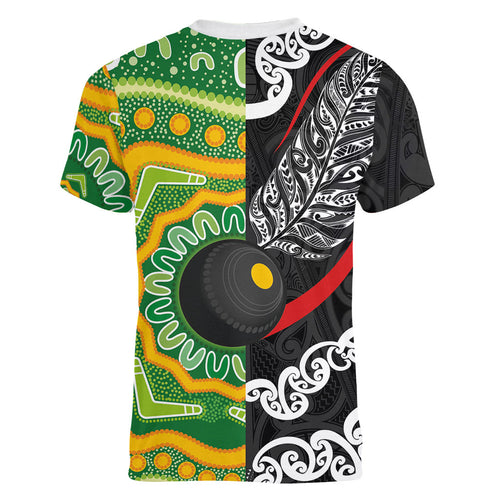 Personalised Aotearoa and Australia Lawn Bowls Women V-Neck T-Shirt Maori Fern and Aboriginal Pattern
