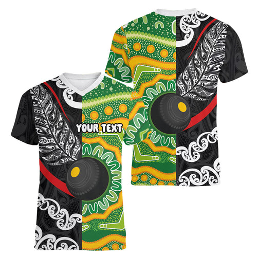 Personalised Aotearoa and Australia Lawn Bowls Women V-Neck T-Shirt Maori Fern and Aboriginal Pattern