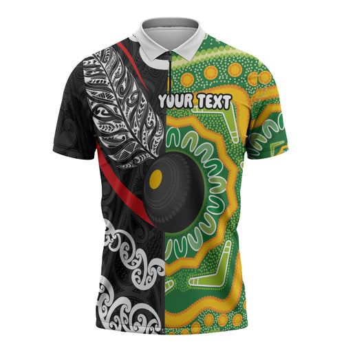 Personalised Aotearoa and Australia Lawn Bowls Zipper Polo Shirt Maori Fern and Aboriginal Pattern
