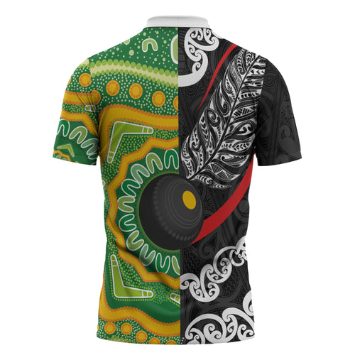Personalised Aotearoa and Australia Lawn Bowls Zipper Polo Shirt Maori Fern and Aboriginal Pattern