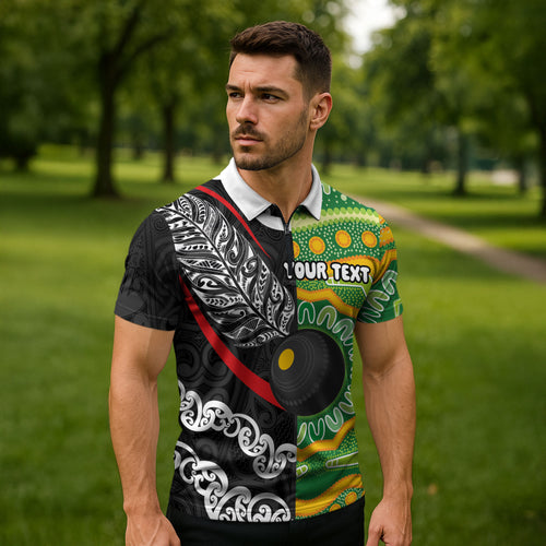 Personalised Aotearoa and Australia Lawn Bowls Zipper Polo Shirt Maori Fern and Aboriginal Pattern