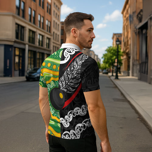 Personalised Aotearoa and Australia Lawn Bowls Zipper Polo Shirt Maori Fern and Aboriginal Pattern