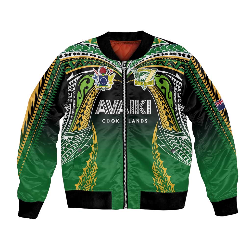 Custom Cook Islands Rugby League Bomber Jacket Avaiki Tatau Tribal Motifs Black Color - Aussie Hoodie