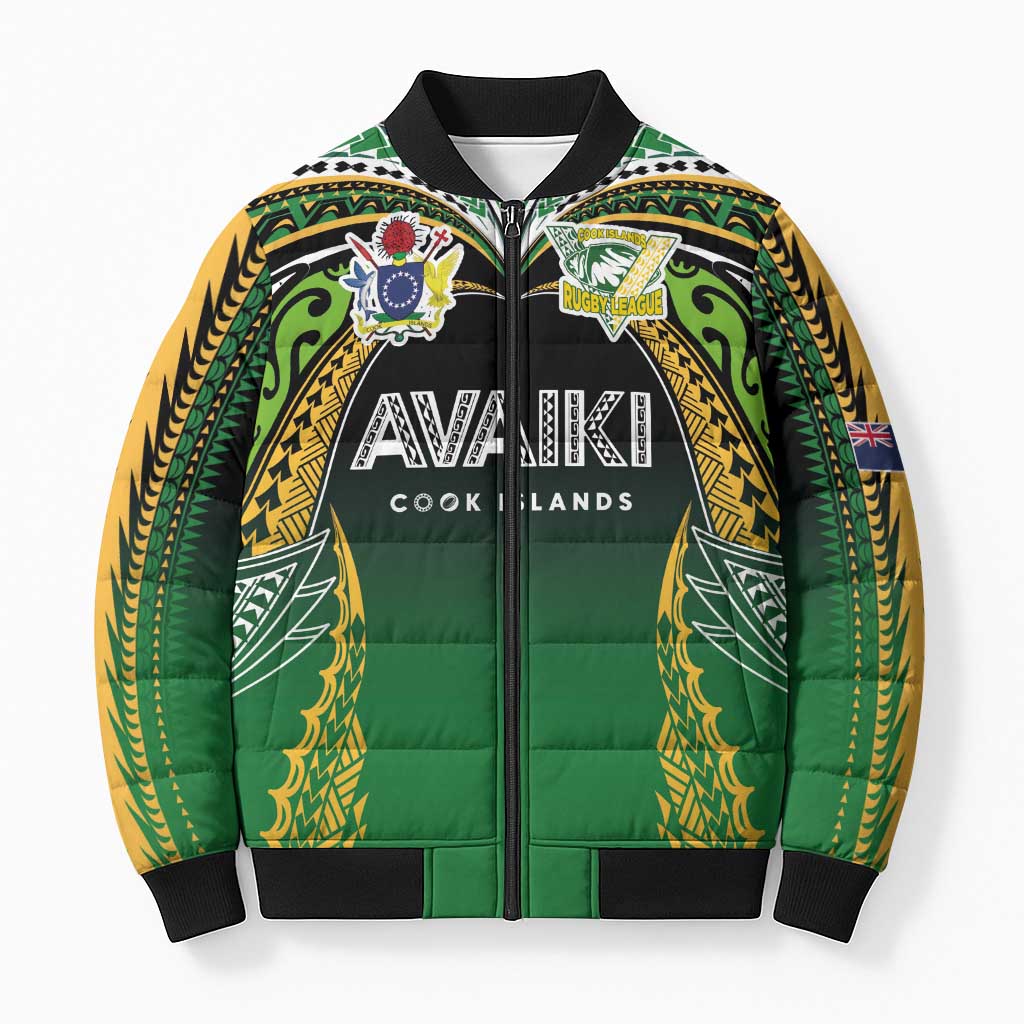 Custom Cook Islands Rugby League Bomber Puffer Jacket Avaiki Tatau Tribal Motifs Black Color - Aussie Hoodie