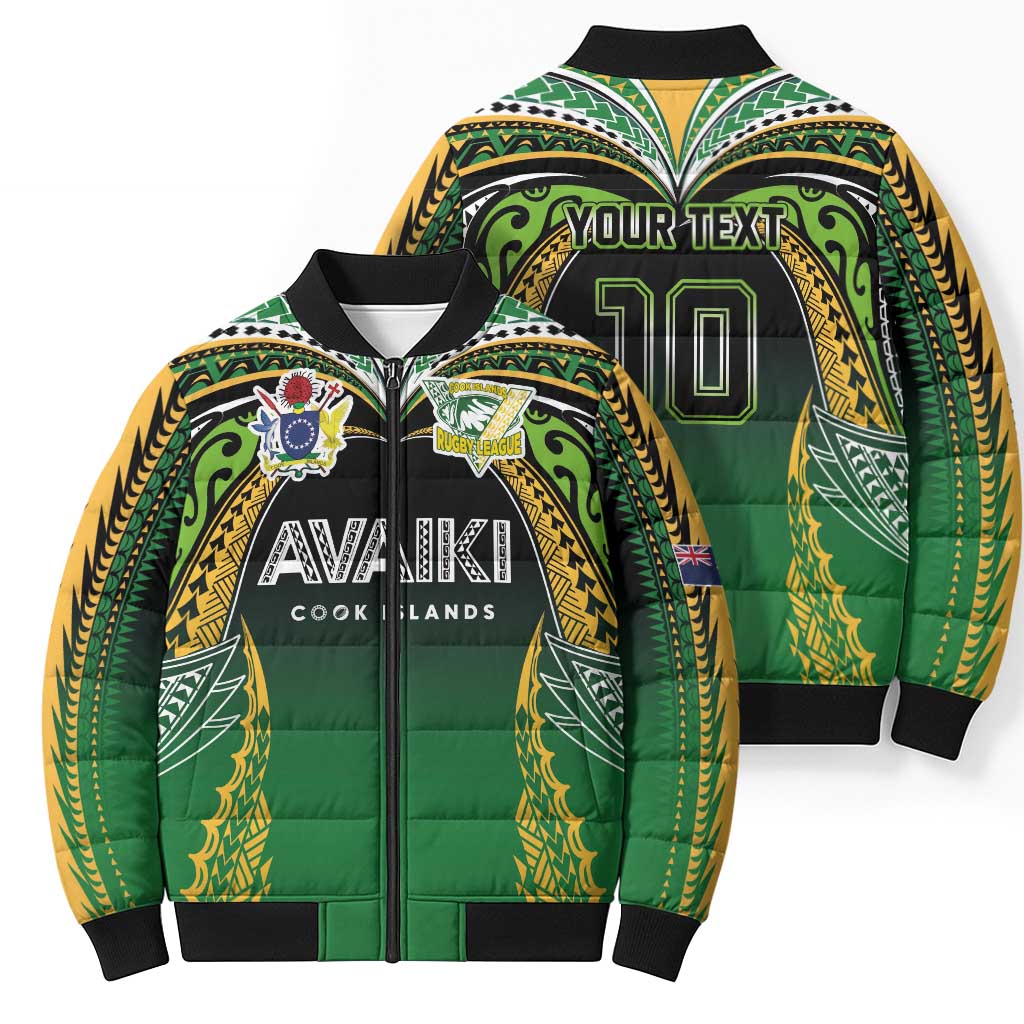 Custom Cook Islands Rugby League Bomber Puffer Jacket Avaiki Tatau Tribal Motifs Black Color - Aussie Hoodie