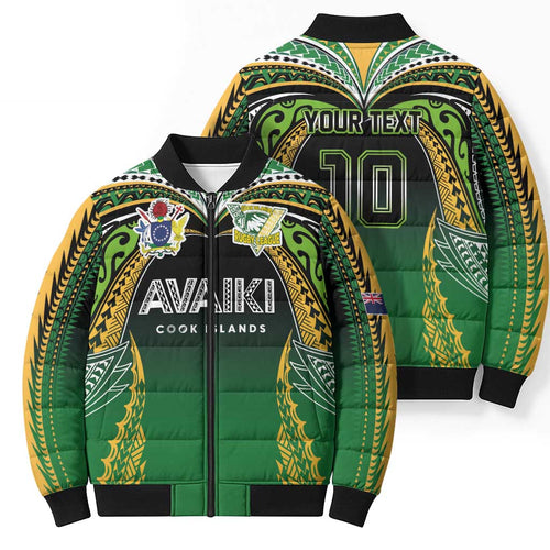 Custom Cook Islands Rugby League Bomber Puffer Jacket Avaiki Tatau Tribal Motifs Black Color - Aussie Hoodie