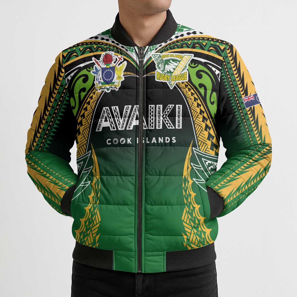 Custom Cook Islands Rugby League Bomber Puffer Jacket Avaiki Tatau Tribal Motifs Black Color - Aussie Hoodie